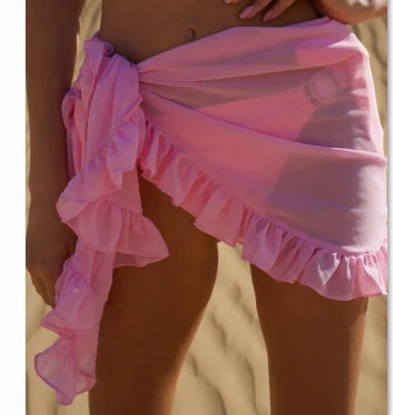 Women Swimsuit Bikini Cover-Ups Skirt Summer Solid Color Beach Wrap Skirt Swimwear Female Ruffles Trim Lace Up Sarong Cover Ups
