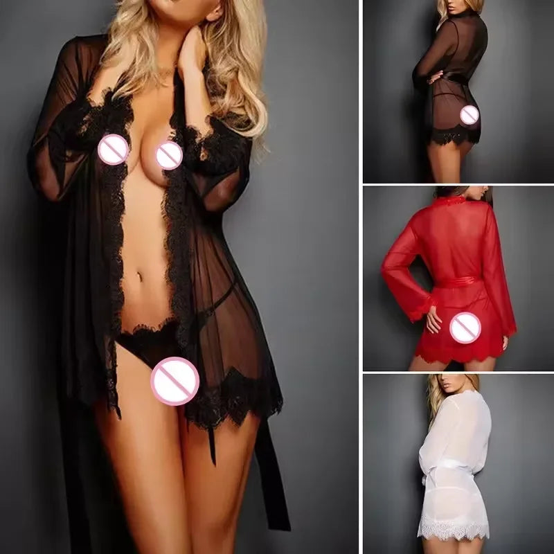 Sexy Sleepwear Women Sexy Sheer Perspective Lingerie Set Lace Robe Nightdress Underwear G-String Nightgown Dress Sexy Clothes