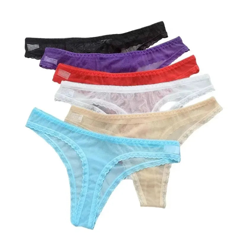 Women's Sexy Transparent Thong Panties Lace See-Through Crotch Mesh Bottom Seamless Low-Rise T-Pants Underwear