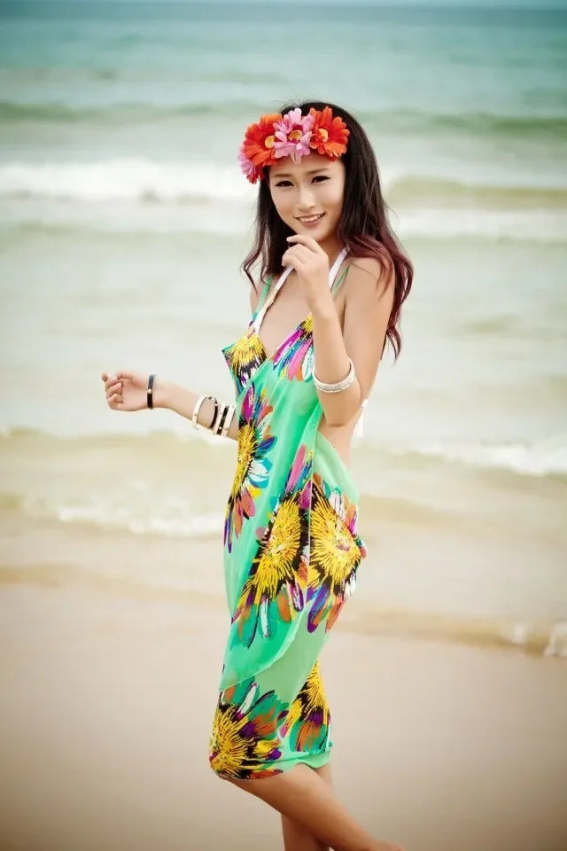 Printed Cover-ups Sexy Beach Dress Women Halter Sling Chiffon Beach Towel Bikini Wrap Pareo Skirts Open-Back Swimwear